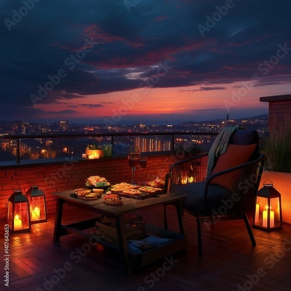Obraz Residential building with rooftop terrace, cityscape on background. Modern patio furniture in sunset sunlight on balcony. Armchairs with cushions close to table with food and drinks. Evening lanterns