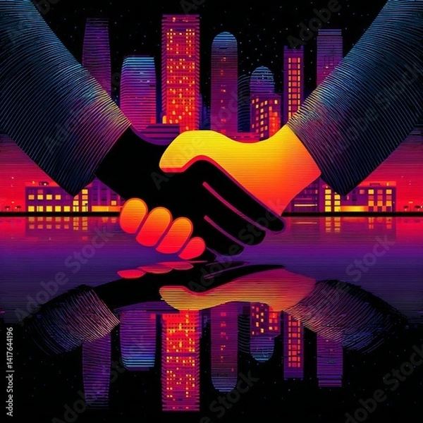 Obraz Double exposure of business handshake for successful of investment deal and city night background, teamwork and partnership concept.