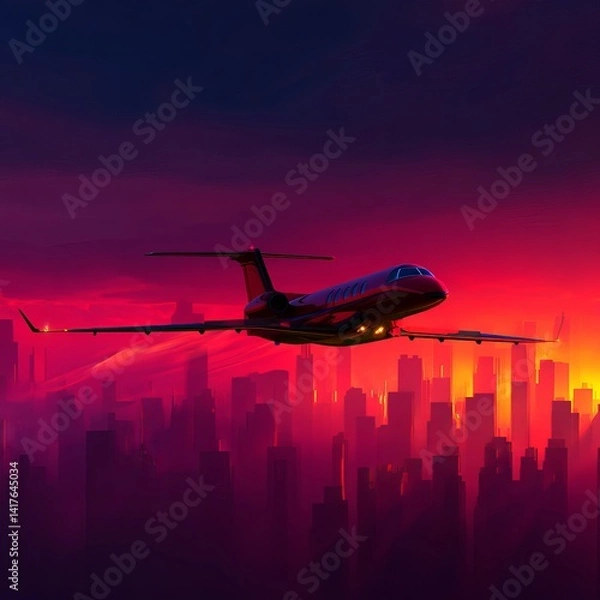 Obraz Private jet plane flying above city in beautiful sunset light. Modern and fastest mode of transportation, business life
