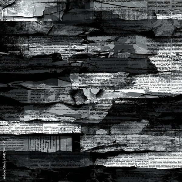 Obraz A website background of layered, torn black and white newspaper pieces. The design is textured, high-contrast, and slightly messy, giving a vintage feel.