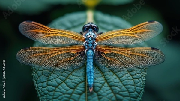 Fototapeta Close-up of an elegant blue damselfly perched on vibrant green leaf edge with iridescent wings and metallic colors against deep emerald background. Sharp focus highlights intricate wing patterns.