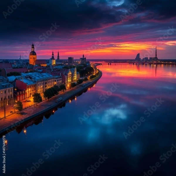 Obraz RIga rooftop view panorama at sunset with urban architectures and Daugava River. View of the old town