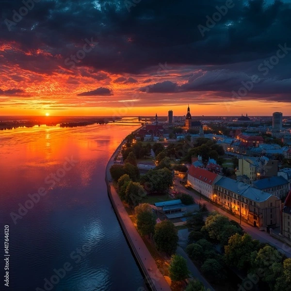 Obraz RIga rooftop view panorama at sunset with urban architectures and Daugava River. View of the old town