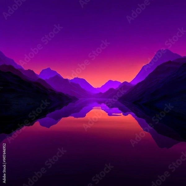 Obraz 3d render, abstract minimalist geometric background. Surreal violet sunset landscape with hills, round glass shape and reflection in the mirror water surface. Futuristic aesthetic wallpaper