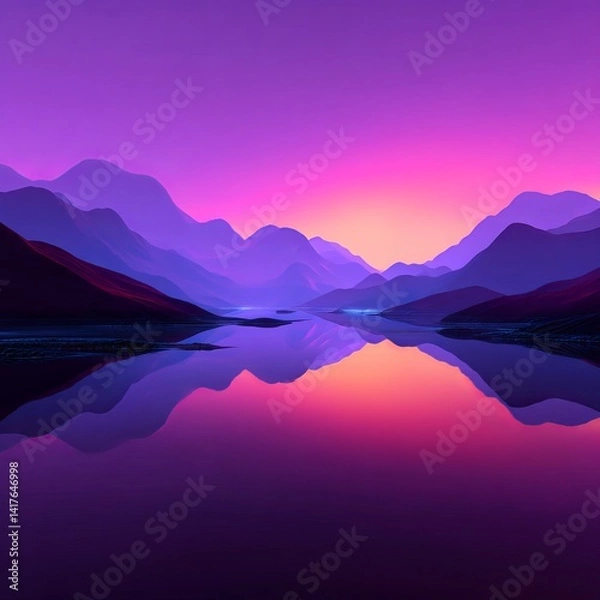 Obraz 3d render, abstract minimalist geometric background. Surreal violet sunset landscape with hills, round glass shape and reflection in the mirror water surface. Futuristic aesthetic wallpaper
