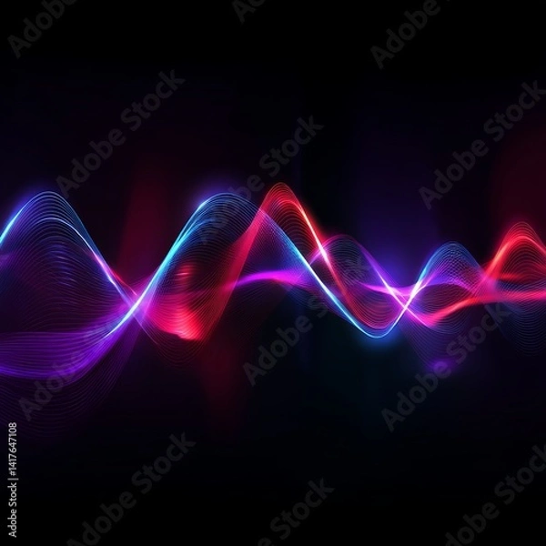 Obraz Abstract digital sound wave equalizer particle lines with red, purple, blue gradient on dark background. Design element for music, futuristic technology science decoration. EPS10 vector illustration.