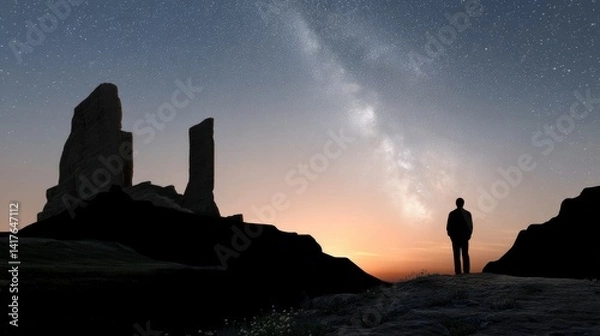 Obraz Man Contemplating Landscape Under Starry Sky: A lone figure stands silhouetted, lost in contemplation.