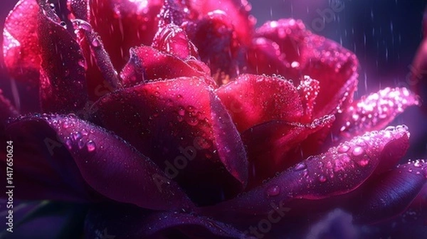 Fototapeta Close-up of a vibrant red peony in rain, mystical glow