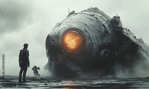 Fototapeta Damaged spaceship standing spacecraft
