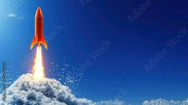 Obraz brand value concept. Rocket launching into a clear blue sky with clouds below.
