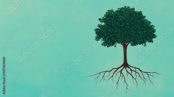 Obraz brand value concept. Tree illustration with roots on a textured turquoise background.