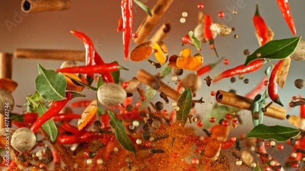 Fototapeta Hot red pepper, garlic, different spices powder meat stakes flying on a black background Motion freeze photo composition