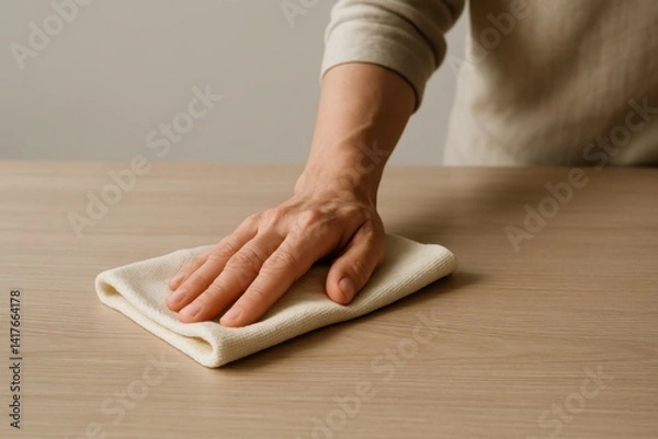 Fototapeta Person wiping down a kitchen countertop with a clean cloth, against a light neutral background