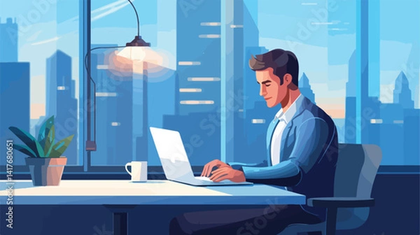 Obraz Professional Male IT Designer Working in Office, Closeup Vector Illustration