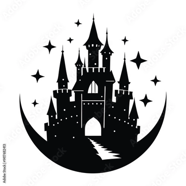 Obraz Magical castle in moon silhouette on white background