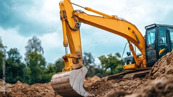 Fototapeta Giant earthmoving machines reshaping rugged terrain in nature heavy equipment in action excavation scene