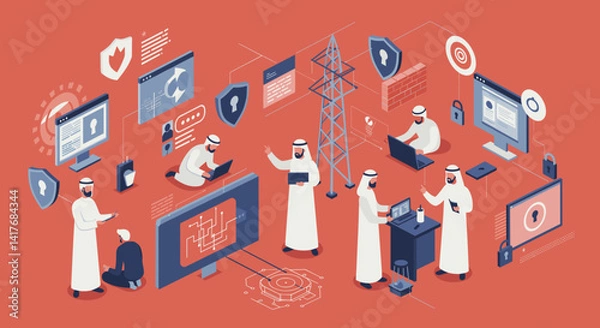 Fototapeta Isometric Illustration Of Business Professionals Working On Digital Technology and Cybersecurity in a Red Colored Environment