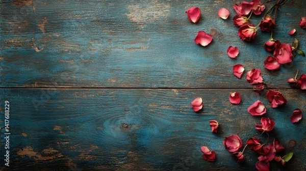 Fototapeta Rose Petals on Rustic Wooden Surface Creating an Elegant Natural Background with a Hint of Vibrant Color