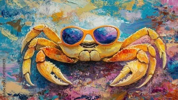 Fototapeta Colorful Crab in Sunglasses on a Vibrant Abstract Background Art Piece