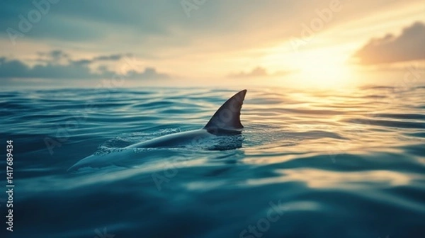 Fototapeta Sharp Fin Emerging from Calm Ocean Water Under Vibrant Sunrise Sky with Soft Cloud Cover