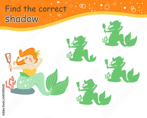 Fototapeta Find correct shadow cute mermaid character. Educational matching game for children. Find correct silhouette. Activity, logic game, printable worksheet with task for kids, vector isolated illustration