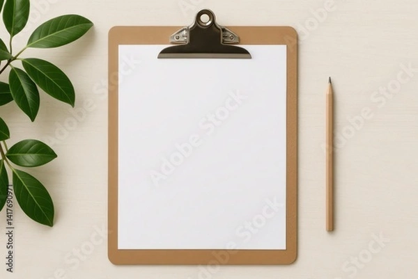 Fototapeta A4 sheet on clipboard with pencil and plant on a light desk