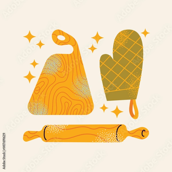 Obraz Various kitchen utensils cutting boards, gloves, grater, blender, knife, ladle, whisk, rolling pin, frying pan, salt shaker, cup, and measuring cup. Flat vector illustration. Cooking tools and kitchen