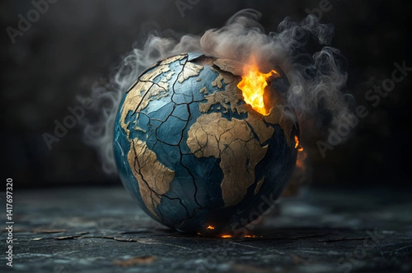 Fototapeta The planet with cracks and smoke is an allegory of political conflicts and global instability.