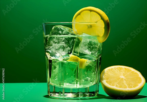 Fototapeta A glass of ice cubes and a lemon slice on the right side