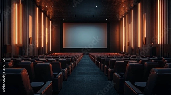 Obraz Empty movie theatre auditorium, illuminated by warm orange lights.