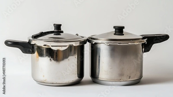 Obraz Two Used Pressure Cookers with White Background.