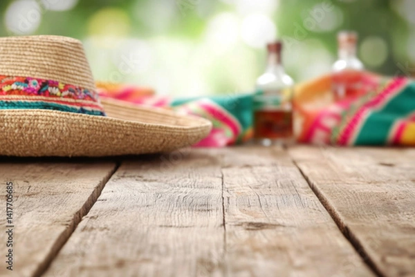 Fototapeta Cinco de Mayo scene with sombrero, tequila bottles and colorful textile on wooden table