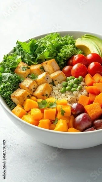 Fototapeta Colorful vegan buddha bowl with tofu quinoa vegetables and fruit