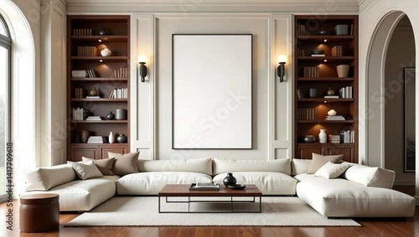 Fototapeta Elegant living room design with sectional sofa built in bookshelves and large artwork warm lighting