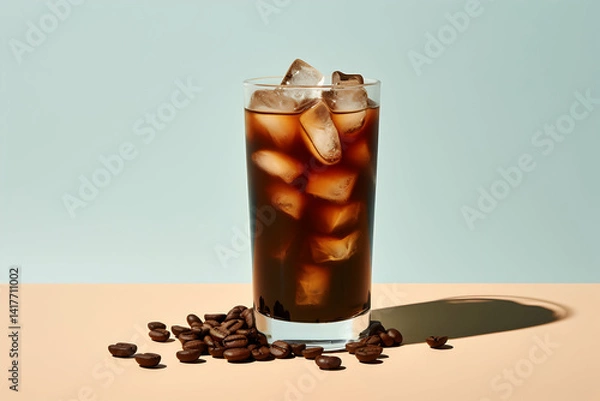 Fototapeta A photograph of a cold coffee in a tall glass with ice cubes