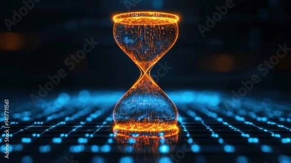 Fototapeta OKR concept. Illuminated hourglass on a digital background with glowing particles.