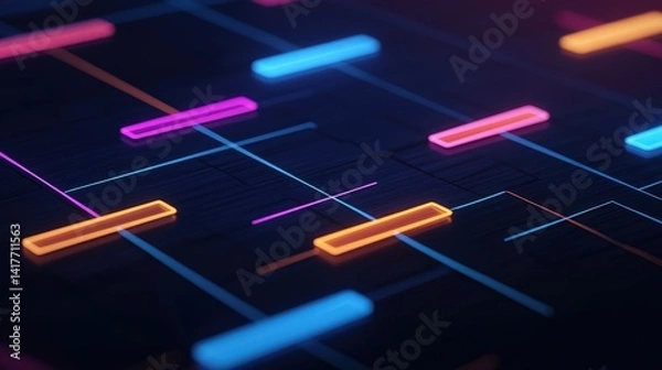 Fototapeta OKR concept. Abstract digital design with colorful lines and shapes on a dark background.