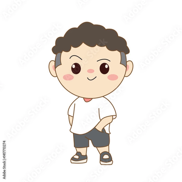 Fototapeta Cute boy smiling cartoon character. A boy concept design. Flat chibi cartoon style. Vector art illustration. Isolated white background