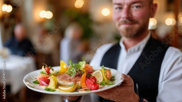 Obraz A waiter presents a delicious plate of fish and vegetables in a classy restaurant