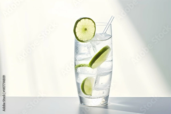 Fototapeta A tall glass of gin and tonic with lime