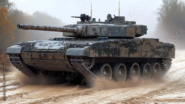 Obraz Heavy military equipment traverses a muddy landscape engulfed in fog, showcasing power