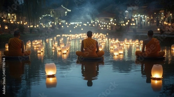 Fototapeta A calming Buddhist ceremony where monks release floating lanterns down the river, the candlelight reflecting their prayers and blessings.