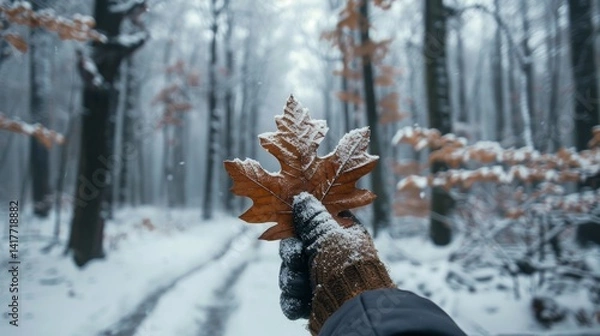Obraz Person in winter gloves holding brown leaf in snowy forest, seasonal stillness
