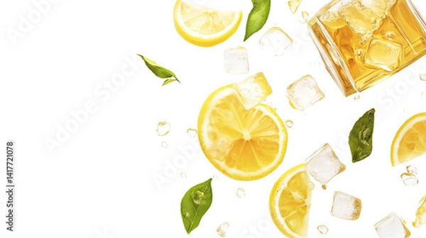 Obraz Refreshing iced tea with lemon slices and ice cubes, overhead shot, white background, PNG forma