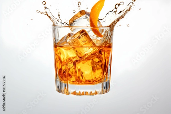 Fototapeta A glass holds a cold cola beverage with ice, while another glass contains brown whiskey, both isolated drinks
