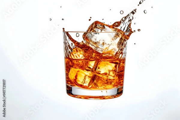 Fototapeta Glass of cola with ice and splash of liquid on rocks