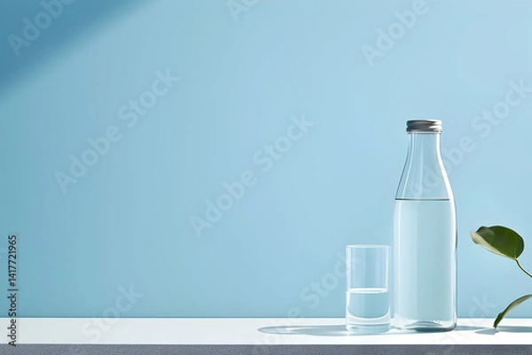 Fototapeta Minimalist water bottle and glass on a white table