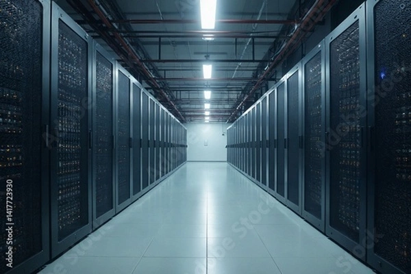 Fototapeta Capturing Structured Design: Wide Angle View of IT Infrastructure, Racks and Cabling