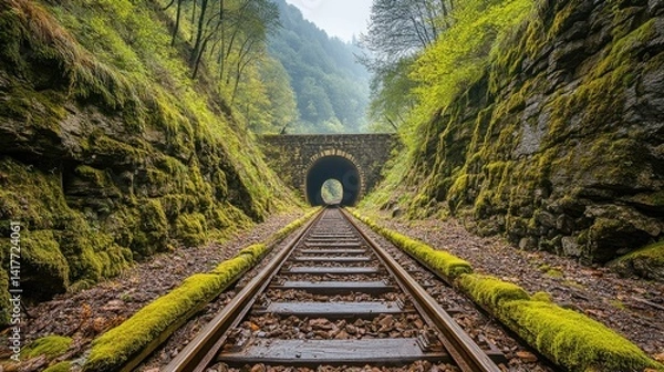 Obraz a disused railway tunnel filled with moss and trees