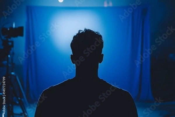 Obraz Silhouette in the Spotlight: Captivating silhouette of a person in a studio with a backdrop, creating a mysterious ambiance. Ideal for media, storytelling, and dramatic compositions.